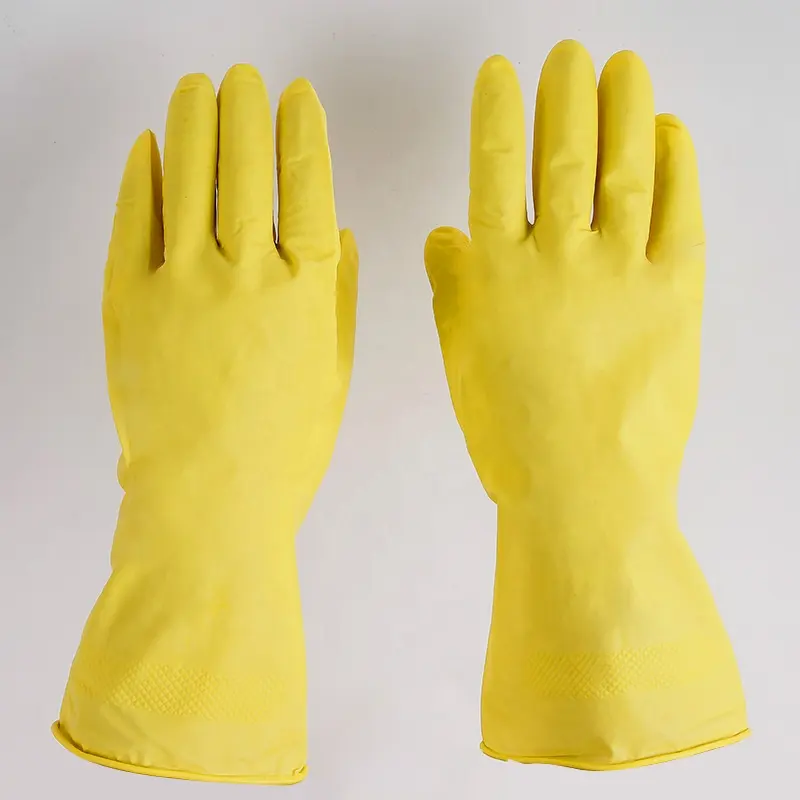 Yellow Flock Lined Latex Household Kitchen Cleaning Dishwashing Rubber Gloves