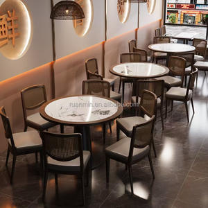 Lujoso marco de madera maciza cabina sofá Silla de ratán PU Borde de cuero mármol Mesa restaurante café Hotel muebles conjunto - Product Image 6