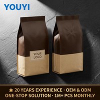 Sachet de café personnalisé robuste et écologique de 250g avec valve et fermeture éclair, fond plat imprimé, pochette en aluminium mat Mylar