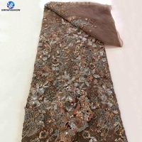 Sinya 5 Yardas de Encaje Francés de Lujo con Cuentas de Cristal y Lentejuelas 3D, Malla de Tul Africana de Alta Calidad con Cuentas para Vestidos de Novia