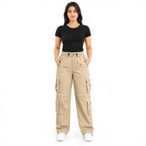 Pantalones cargo beige para mujer, cintura media, con cordón elástico, corte holgado, pantalones utilitarios de largo completo, pantalones cargo para mujer en venta - Product Image 1