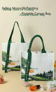 Bolsa de compras de lona de algodón liso reciclable con logotipo personalizado impreso paisaje poesía y pintura estilo pastoral - Product Image 4