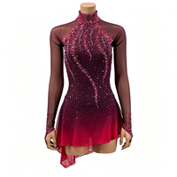 Robe de patinage artistique rouge bordeaux dégradé, ornée de strass scintillants, à manches longues, pour enfants et adultes, pour compétition et spectacle