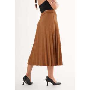 Jupe longue plissée taille haute en similicuir beige pour femme, tissu doux - Product Image 3