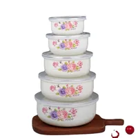 Ensemble créatif de 5 bols en émail à motifs floraux et animaux avec couvercles en plastique, compatibles micro-ondes, pour la cuisine et la maison, pour servir des salades