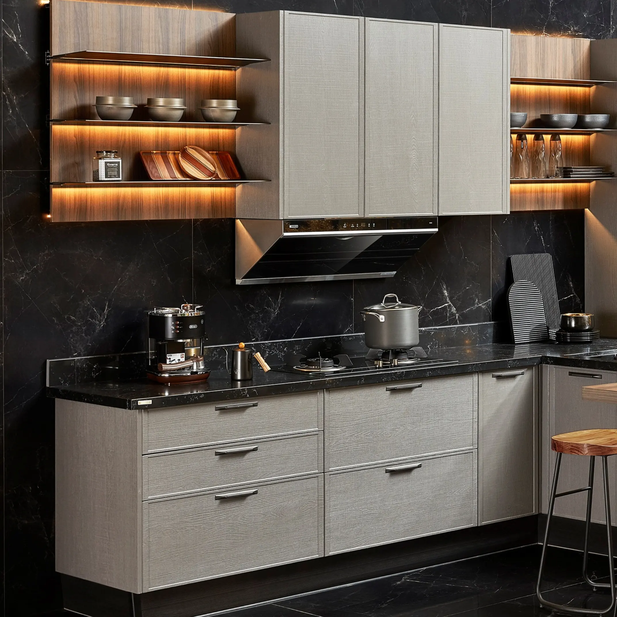 Conception moderne personnalisée armoire de cuisine en bois mélaminé de haute qualité ensemble de tables de bar