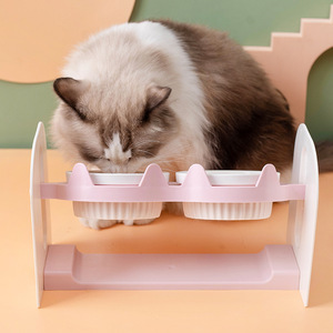 Ceramic Double Bowl <b>Cat</b> <b>Feeder</b> Adjustable Height Non Slip Elevated Food Grade Material For <b>Cats</b> - Product Image 2