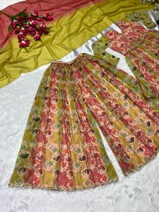 Último diseñador Heavy Georgette Sequence Work Vestido largo Wedding Party Wear Top Sharara con Dupatta para mujeres y niñas - Product Image 2