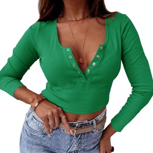 Trendy <strong>Women's</strong> Slim Fit Button Crop Top Long Sleeve <strong>Henley</strong> <strong>Shirts</strong> with Scoop Neck T-<strong>Shirts</strong> - Product Image 2