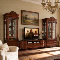 Vitrina de Madera Tallada Estilo Rústico Americano Vintage con Puertas Dobles de Cerezo y Cristal, Mueble Grande para Licores con Puertas de Cristal para Sala de Estar