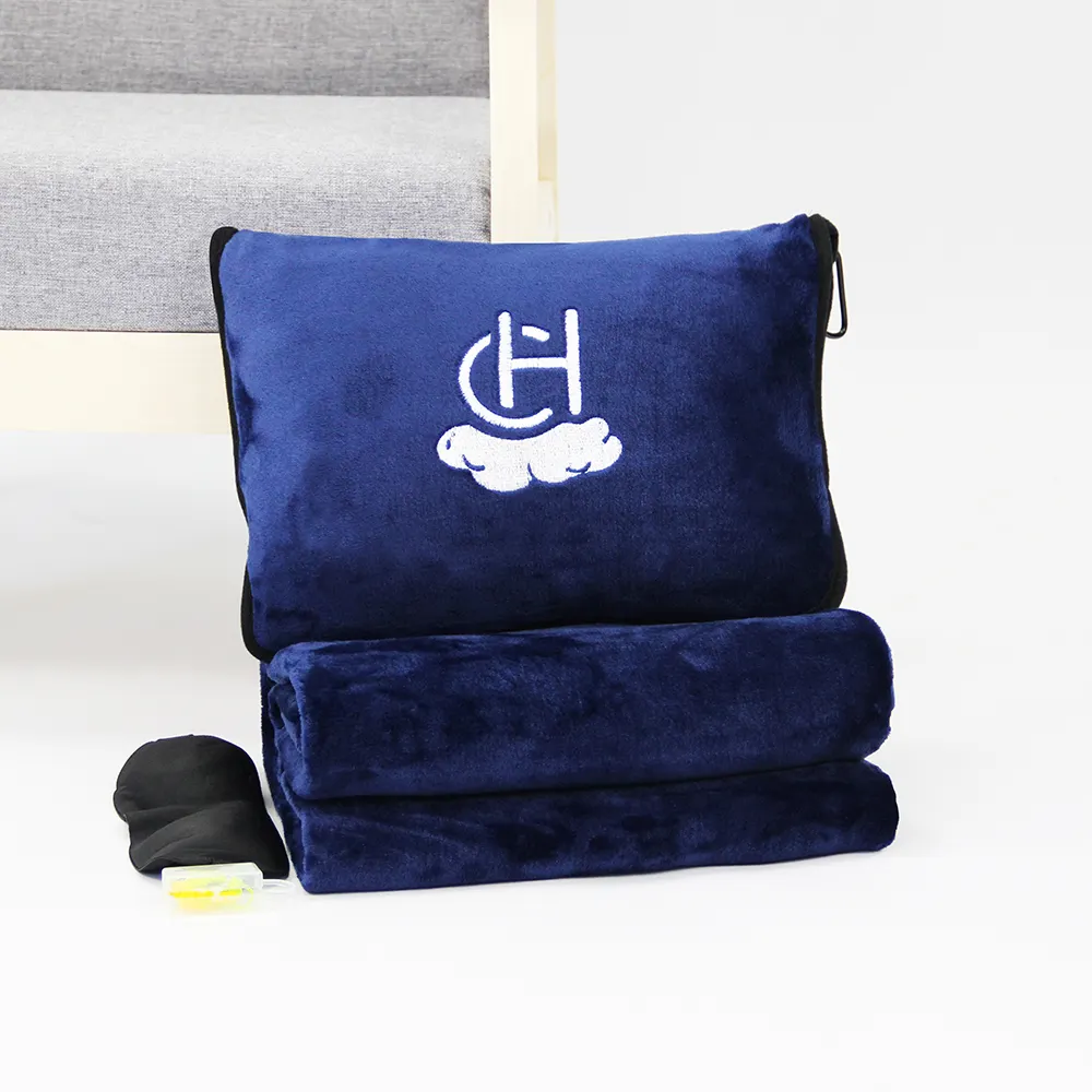 Soft Plush Flannel Fleece Custom 2in1 Airplane Travel Blanket Pillow Set and Eyemask with Customize Zipper Bag