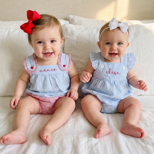 Conjuntos de <span class=keywords><strong>Ropa</strong></span> para Bebés Niñas con Rayas Azules y Rojas, de Algodón Seersucker, Monogramados, sin Mangas, para Verano, con Pantalones Bombachos - Product Image 1