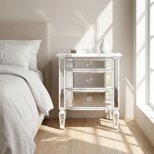 Modern White Solid Wood Leonore <strong>Mirrored</strong> <strong>Bedside</strong> <strong>Table</strong> with 3 Drawers Bedroom Nightstand - Product Image 1
