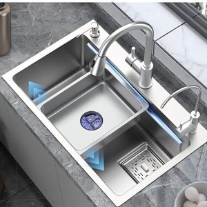 Évier de cuisine à cuve unique en acier inoxydable 304, épaissi de 5 mm, pour le lavage des légumes et de la vaisselle, avec robinet de cuisine extractible en laiton - Product Image 3