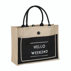Sacs fourre-tout en jute imprimés sur mesure avec poche avant en toile, sacs en toile de jute naturelle réutilisables pour cadeaux, shopping, style motif lettres - Product Image 2