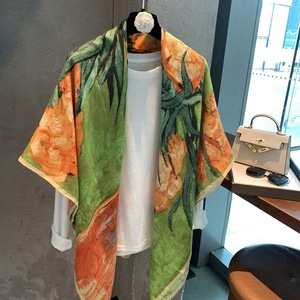 Large <b>Silk</b> Scarf Custom Logo Oil Painting Art Printed Yellow <b>Green</b> Square Shawl Wrap Headscarf Factory Direct Wholesale - Product Image 5