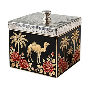 Caja de Metal para Aperitivos con Estampado de Esmalte Negro Estilo Árabe, Tapa Plana Martillada, Patrón de Camello Dorado y Rosas, Recipiente de Almacenamiento, Vajilla de Cocina - Product Image 1