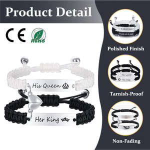 Ensemble de 2 bracelets personnalisés en corde argentée gravée, acier inoxydable 304, logo laser pour couples, <span class=keywords><strong>bracelet</strong></span> magnétique en forme de cœur pour hommes et femmes, style punk - Product Image 1
