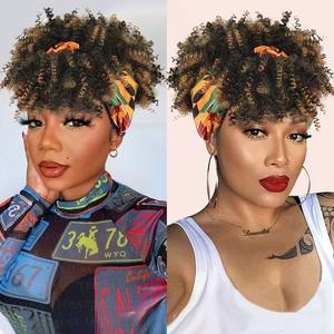 Perruque bandeau courte noire bouclée nouée, synthétique, économique, pour couvrir la perruque, avec <span class=keywords><strong>frange</strong></span> tressée style 'poudre <span class=keywords><strong>africaine</strong></span>' - Product Image 4