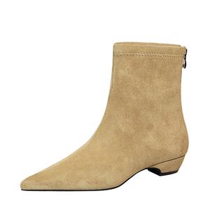 6825-1 Stivaletti da Donna in Stile Francese, Punta Affusolata, Sottili, in <span class=keywords><strong>Camoscio</strong></span> Nude, Versatili, alla Moda, con Cerniera Posteriore, Tacco Basso, Tinta Unita - Product Image 2