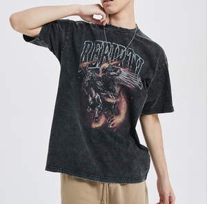 Camiseta Negra Extra Grande para Hombre, Estilo Vintage Lavado, con Estampado Gráfico de Pegaso Flameante, Ropa Urbana - Product Image 4