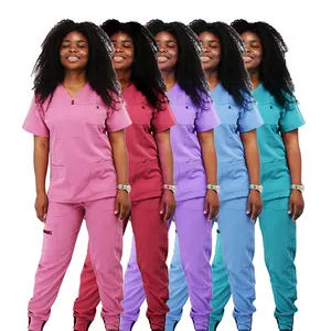 Moderno Atlético V-Neck Scrub Top Jogger Pants Spandex Enfermagem Médica Scrubs Uniformes Conjuntos para As Mulheres