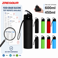Bouteille d'eau pliable en silicone personnalisée 450 ml 600 ml, bouteille de sport et de voyage pliable avec boucle de transport, fournisseur en gros OEM ODM