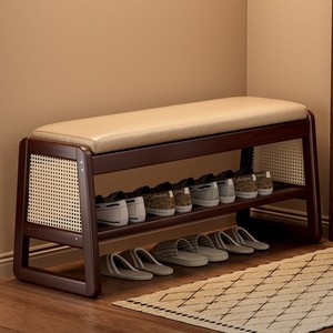 Solid Wood And Rattan Shoe <b>Bench</b> With Storage For Entrance Use - Product Image 1