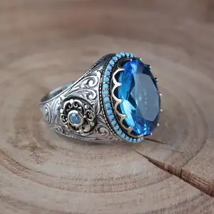 Fashion Navy Crystal gem stone ringSilver Alloy New Refined Vintage Men's Ring