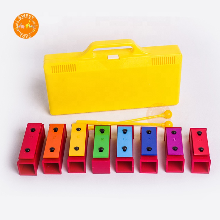 Orff Ранние обучающие игрушки профессиональный 8-тона Металлофон кирпичные стали ксилофон с желтой ручкой пластиковая упаковочная коробка
