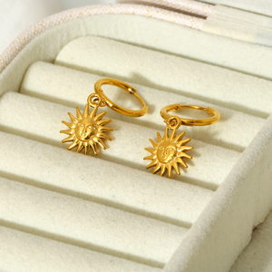 INS Trend 18k Gold Plated <strong>Stainless</strong> <strong>Steel</strong> Engraved Sun Face Drop Dangle Hoop Earring Tarnish Free <strong>Jewelry</strong> - Product Image 4