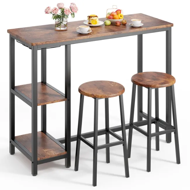 JBZ-14 Bar Table and Chairs Set for 2 Bar Table Set with 2 Storage Shelves Pub Table Set with Glass Holder for Living Room