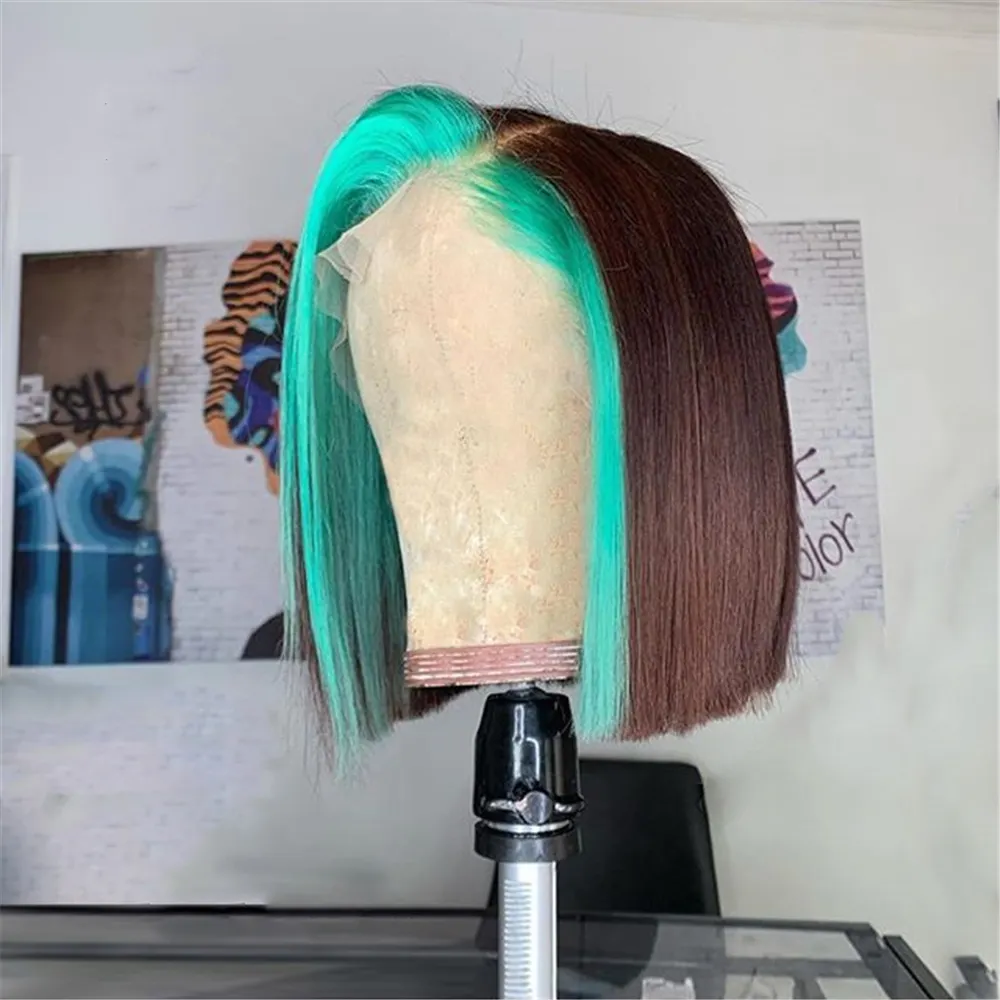 Green Yellow Highlight Lace Front Human Hair Wigs With Baby Hair Preplucked Short Bob Wigs Glueless Transparent Lace Wigs