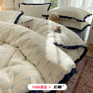 Korean Style Pure Cotton Printed Four-Piece <b>Bedding</b> <b>Set</b> With Lace Trim Breathable Autumn Winter Use - Product Image 1