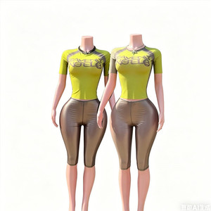 Women Letter Mesh O Neck Short Sleeve Slim Crop <strong>Top</strong> and <strong>See</strong> <strong>Though</strong> Knee Length Pants Two Piece Sets - Product Image 5