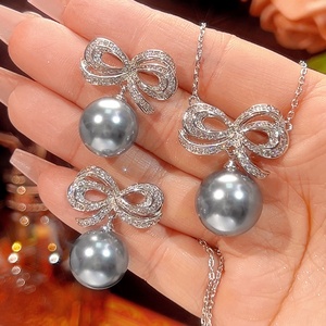 Delicate Eco-friendly Grey <b>Pearl</b> Jewelry <b>Set</b> 16mm/14mm <b>Pearl</b> Bow Knot Design Gold Plated Necklace Earrings <b>Set</b> for Women - Product Image 2