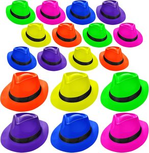 Sombreros de Fiesta de Plástico Neón Baratos, Sombrero Vaquero Neón Estilo Fedora con Estrellas Brillantes UV para Fiestas Gangster y Mafia, Sombreros Rave - Product Image 1