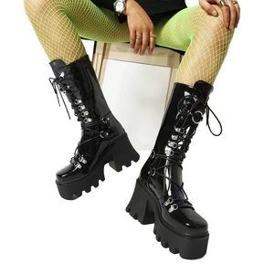Bottines de combat pour femmes, plateforme épaisse, à lacets, en cuir verni, imperméables, talons épais, bottes d'hiver YM4090 - Product Image 1