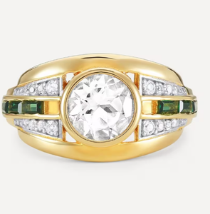 Bague Bombe en argent vermeil plaqué or 18ct avec topaze blanche olive et pierre verte - Product Image 1