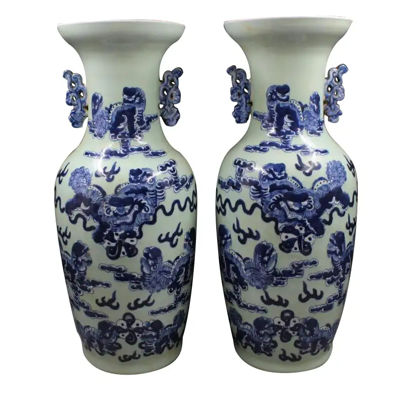 Vas Berdiri Lantai Keramik Pola Singa Biru dan Putih Glasir Hijau Tiongkok untuk Dekorasi