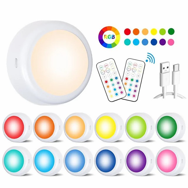 4+1 Wireless Color Changing LED Puck Light 4 Pack With Remote Control Puck Lights Mini Spotlight Cabinet Surface Slim Led Light
