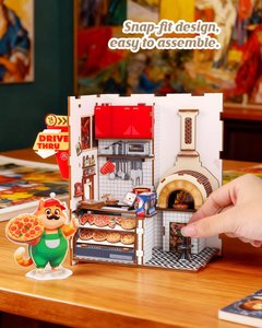 3D Wooden Puzzle Bookend Pizza Shop, LED Lighted Fox Pizzeria <b>Book</b> Nook Kit for DIY Craft & Restaurant Decor Gifts - Product Image 3