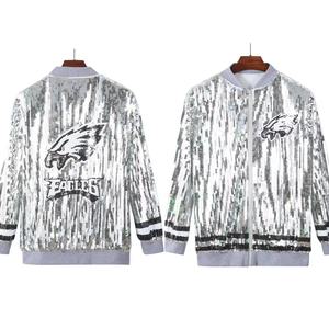 High Quality Game Day Philadelphia Eagle <strong>Silver</strong> <strong>Sequin</strong> <strong>Jackets</strong> Women Sport Glitter Jersey Eagles <strong>Sequin</strong> <strong>Jackets</strong> - Product Image 1