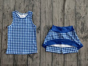 Ensemble jupe de yoga en gros, robe d'été pour bébé fille, longueur genoux, imprimé à carreaux bleus, sans manches, respirante, GSD3652 - Product Image 2