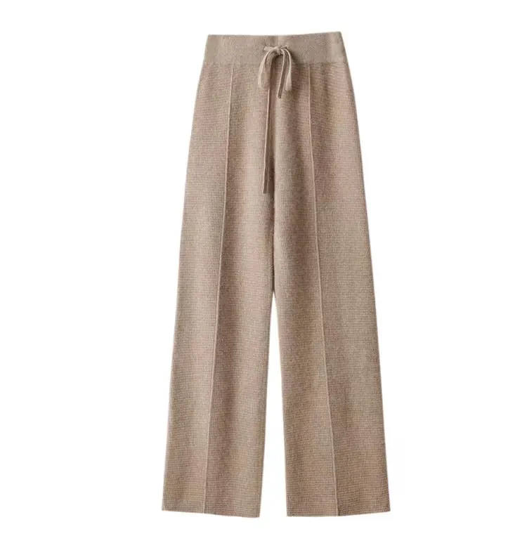 Winter Solid Elastic Ankle-length Cashmere Wide Leg Belted Pants for Women Ladies