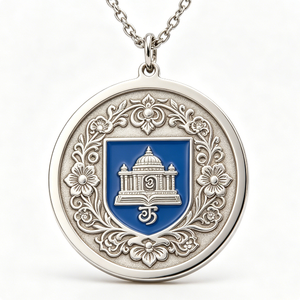 Médaille circulaire plaquée argent avec bouclier en émail bleu et motif floral pour l'occasion de remise des diplômes - Product Image 1