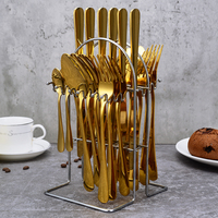 Amazon Stainless Steel Knife Fork Spoon set 24pcs Gold Flatware Luxury Cutlery Set With Stand