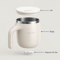 Mug à café à agitation magnétique automatique 380 ml en acier inoxydable 304, tasse mélangeuse à une touche, large ouverture, facile à nettoyer, logo personnalisé