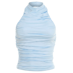 Viviblook Y26TP020 – Nouveau débardeur sexy plissé sans manches à col licou pour femme - Product Image 4