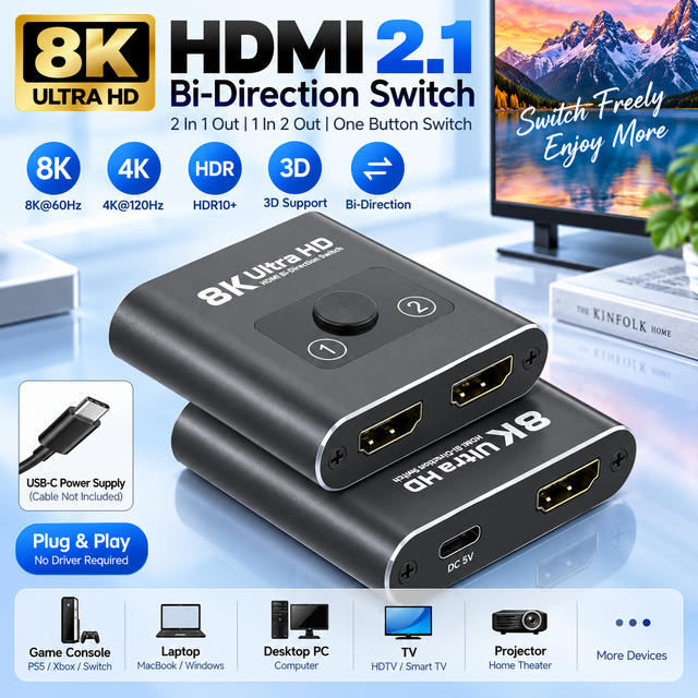 8K HDMI2.1 Bidirectional Switch Adapter 2 to 1 1 in 2 Out Support 8K 60Hz 4K 120Hz Stable Audio Video for Game Console Monitor